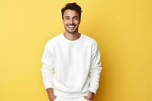 Young man wearing white sweatshirt mockup, at yellow background. Design pullover template, print presentation mock-up. AI generated. photo