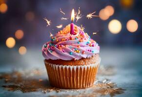 Birthday cupcake with a candle, pink cream and festive tinsel decoration on bright background with copy space. Generated AI. photo