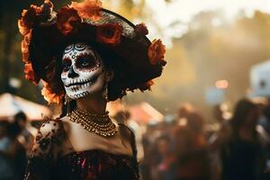 hermosa de cerca retrato de joven mujer en tradicional Calavera catrina atuendo y maquillaje para el día de el muerto a el nacional mexicano festival. ai generado foto