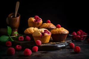 Raspberry muffins with fresh raspberries on a table, close up, dark background. A delicious dessert or breakfast. AI generated. photo