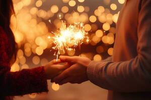 Hands of young couple holding flaming fireworks on festive gold glowing bokeh background. Celebration background with sparklers. AI generated photo