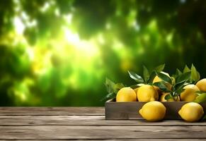 Wooden table with lemon fruits and free space on nature blurred background. Generated AI. photo