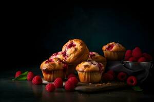 Raspberry muffins with fresh raspberries on a table, close up, dark background. A delicious dessert or breakfast. AI generated. photo