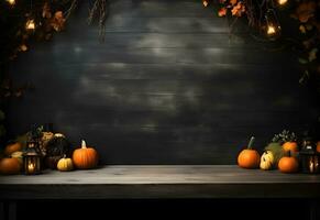 Empty black halloween table mockup with pumpkins, lantern, spooky decoration and dark mystical forest background. Generated AI. photo