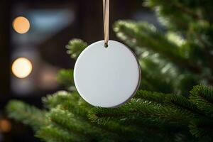 Christmas white glossy round bauble ornament on christmas tree with decoration and blurred bokeh lights background. AI generated photo