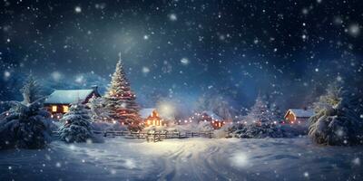 Winter snow night landscape with village houses and decorated christmas trees. photo