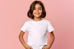 Female child, girl wearing bella canvas white shirt mockup, at pink background. Design tshirt template, print presentation mock-up. AI generated. photo