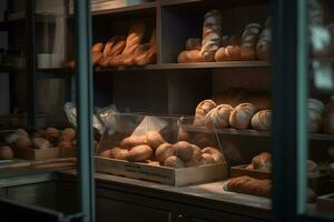 Various types of fresh bread, buns and baguette on shelves in bakeryon a rustic table in a bread shop for breakfast and afternoon tea. Ai generated. photo