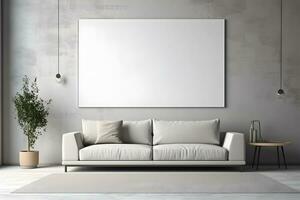 Rectangular frame poster mockup, on light concrete wall in living interior with modern boho furniture and big window, century gray sofa, scandinavian style interior decoration. Generated AI. photo