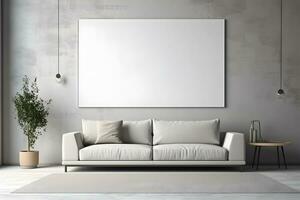 Rectangular frame poster mockup, on light concrete wall in living interior with modern boho furniture and big window, century gray sofa, scandinavian style interior decoration. Generated AI. photo