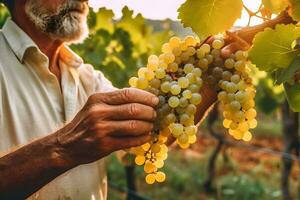 Close up of farmer male hands picking white grape. Organic fruits, harvesting and farming concept. Generated AI. photo