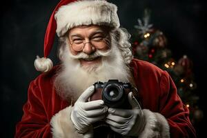 Happy Santa Claus with photo camera in the hands on dark festive christmas background.