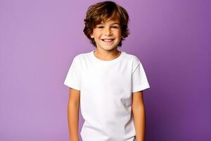 Male child, boy wearing bella canvas white shirt mockup, at purple background. Design tshirt template, print presentation mock-up. AI generated. photo