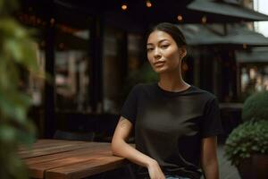 Young african woman wearing bella canvas black t shirt and jeans, at a cozy restaurant on summers day. Design tshirt template, print presentation mockup. Ai generated. photo