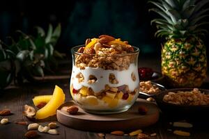 Yogurt granola parfait with sliced nuts, fresh pineapple and mango fruits in a glass jar on dark background. Generative AI. photo