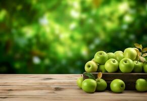 Wooden table with green apples fruits and free space on nature blurred background. Generated AI. photo