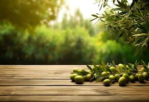 Wooden table with olives fruits and free space on nature blurred background. Generated AI. photo