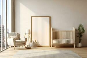 Rectangular frame poster mockup, on light concrete wall in living interior of a baby room, with modern boho furniture and with baby cot, scandinavian style interior decoration. Generated AI. photo