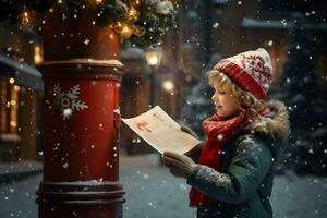 un pequeño chico enviar un letra a Papa Noel claus en el Navidad buzón. invierno tradicion rodeado por copos de nieve. foto