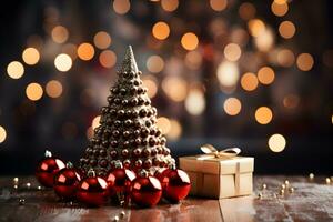 creativo rojo Navidad árbol con pelotas, Brillantina y regalo caja en borroso, espumoso luces antecedentes. festivo Bosquejo bandera con adornos decoración y Copiar espacio. foto