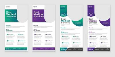 haz médico enrollar o dl volantes y estante tarjeta diseño creativo volantes colocar, corporativo marca, folleto modelo vector