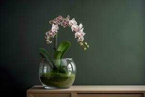 Beautiful tropical pink phalaenopsis orchid in a glass pot on a chest of drawers, in an interior with green wall, dark background. Copy space. Ai generated. photo