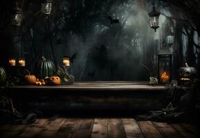Empty black halloween table mockup with pumpkins, lantern, spooky decoration and dark mystical forest background. Generated AI. photo