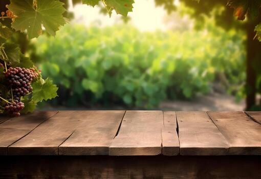 Wooden table with fresh red grapes and free space on nature blurred background, vineyard field. Generated AI. photo