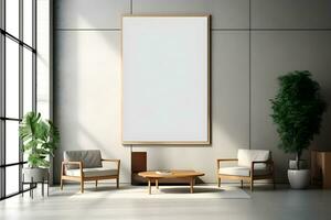 Rectangular frame poster mockup, on light concrete wall in the waiting room of the hospital with modern scandinavian style furniture and big window, loft interior decoration. Generated AI. photo