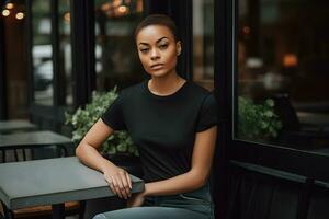 Young african woman wearing bella canvas black t shirt and jeans, at a cozy restaurant on summers day. Design tshirt template, print presentation mockup. Ai generated. photo