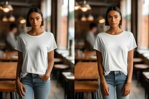 Young woman wearing bella canvas white t shirt and jeans, at a cozy restaurant on summers day. Two vertical design tshirt template, print presentation mockup. Ai generated. photo