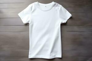 White women t-shirt mockup on dark wooden background. Design t shirt template, print presentation mock up. Top view flat lay. AI generated. photo