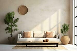 Empty, blank concrete wall mockup in living interior with modern boho furniture and big window, century beige sofa, scandinavian style interior decoration. Generated AI. photo