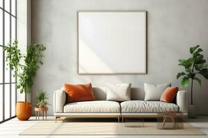 Rectangular frame poster mockup, on light concrete wall in living interior with modern boho furniture and big window, century gray sofa, scandinavian style interior decoration. Generated AI. photo