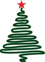 Vector green Christmas tree drawn with one line. Festive tree. Spruce with a red star on top.