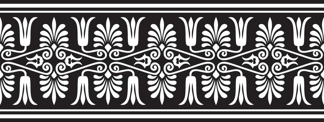 Vector black monochrome seamless ornament of ancient Greece. Classic Endless pattern frame border Roman Empire