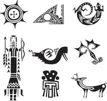 Vector monochrome set of symbols of the Indians of Central, South and North America. Native American patterns, man, animal