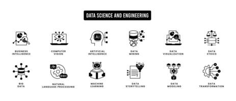 Data science and engineering icons. modeling, transformation, mining, storytelling, visualization, big data, computer vision, natural language processing, AI, ML, and data ethics. vector