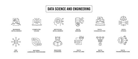 Data science and engineering icons. modeling, transformation, mining, storytelling, visualization, big data, computer vision, natural language processing, AI, ML, and data ethics. vector