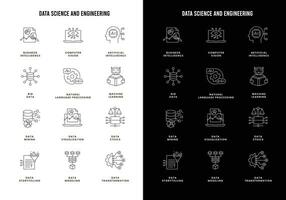 Data science and engineering icons. modeling, transformation, mining, storytelling, visualization, big data, computer vision, natural language processing, AI, ML, and data ethics. vector
