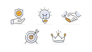 5 Creative Business Icons. Creativity, Innovation, Strength, Protection, Trust, Partnership, Focus, Accuracy, Excellence, Leadership vector