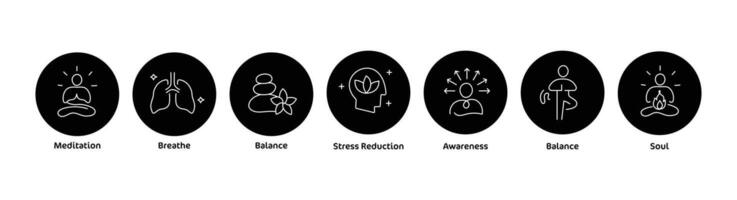 Mindfulness Icon Concepts - Meditation, Balance, Soul, Breath, Stress Reduction, Awareness, Body. vector