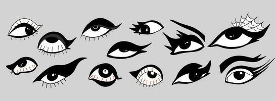 eye with gothic makeup. Different eyes, tired, red. Punk,2000x y2k emo style. Vector illustration.