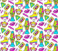 Trendy 90s style seamless pattern with neon items elements,Fashion texture with patch, stickers. Pop art wallpapers, textile and wrapping print. Vector illustration