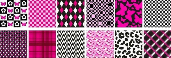 Y2k glamour emo pink seamless patterns set. 2000s aesthetic. Retro psychedelic texture with Butterfly, heart, chessboard.Vector illustration vector