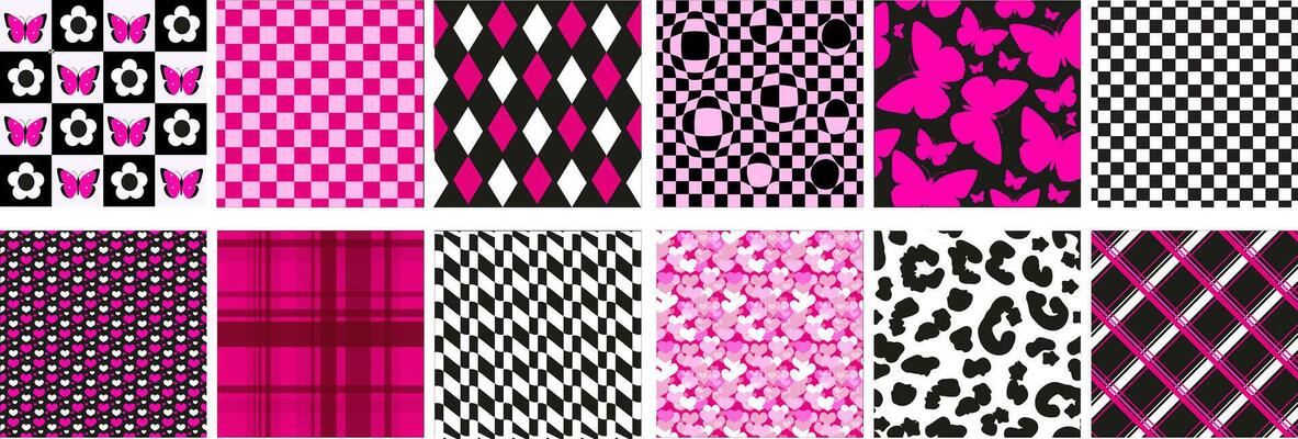 Y2k glamour emo pink seamless patterns set. 2000s aesthetic. Retro psychedelic texture with Butterfly, heart, chessboard.Vector illustration