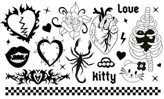 Y2k 2000s cute emo goth aesthetic stickers, tattoo art elements and slogan. black punk rock set. Gothic concept . Vector illustration