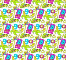 Trendy 90s style seamless pattern with neon items elements,Fashion texture with patch, stickers. Pop art wallpapers, textile and wrapping print. Vector illustration