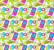 Trendy 90s style seamless pattern with neon items elements,Fashion texture with patch, stickers. Pop art wallpapers, textile and wrapping print. Vector illustration