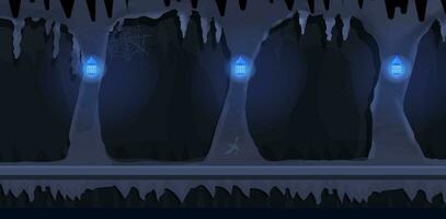 Dark cave game background tillable horizontally, dark terrible empty place with rock, lighting walls in side view. For 2d games location. Vector illustration